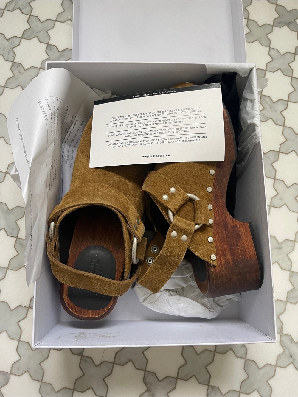 Re/Done Suede Studded Slingback Clog in Camel - Picture 6 of 9